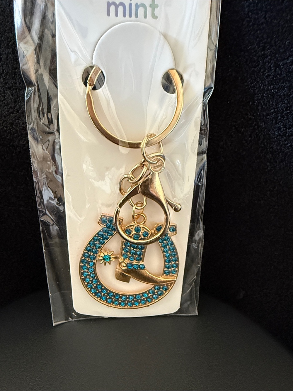 Mint Gold-Tone Keychain with Blue Crystal Horseshoe & Cowboy Boot Charms